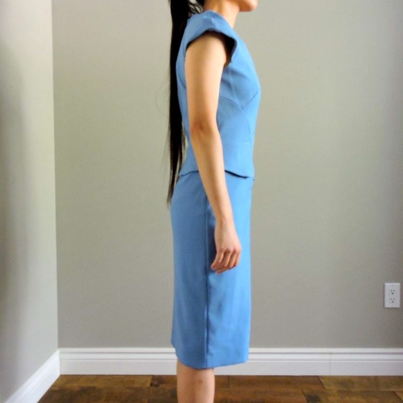 Sandra Angelozzi Blue Business Formal Pencil Dress w/ Cap Sleeves & Front Zipper - Picture 5 of 9